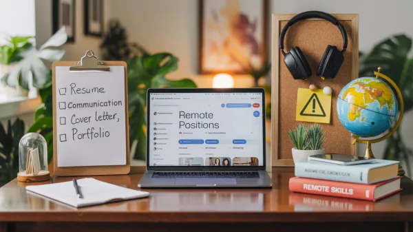 Home office with laptop, job search tools, and symbols of remote work and safety.