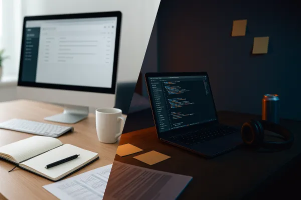 Split of day and night desks showing office work and moonlighting setups.