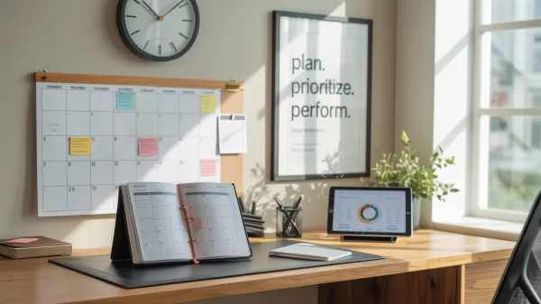 Organized office desk with planner, calendar, clock, and notes for time management reviews.