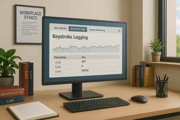 Office desk with monitor showing keystroke activity log, law books, and compliance clipboard.