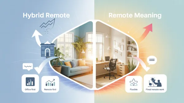Graphic comparing hybrid remote and remote work setups with icons and arrows