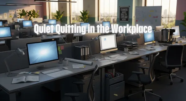 An office with cluttered desks, computers, and papers, representing that employees are quiet quitting.