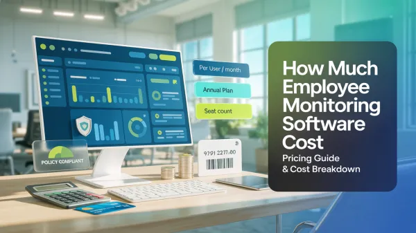 Office desk with monitor showing analytics and text about software pricing