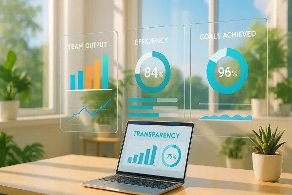 Laptop on desk shows graphs; floating charts display team stats and goals.