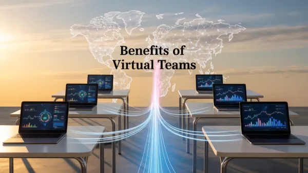 A digital workspace showcasing virtual team collaboration and global connectivity.