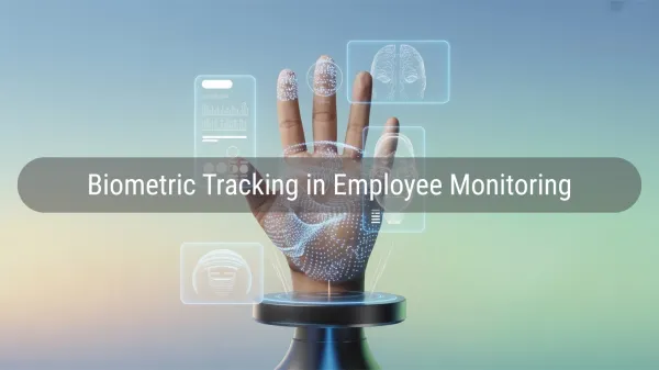 Futuristic hand scan with biometric data visuals and text on employee monitoring