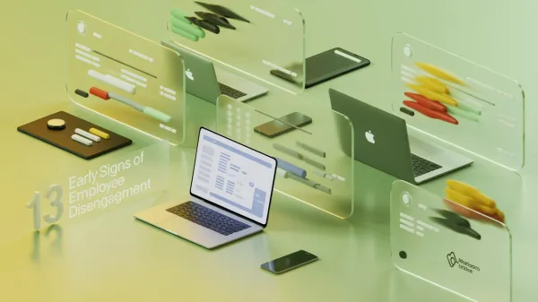 Abstract design showing an open laptop with no employee and a jumbled workflow