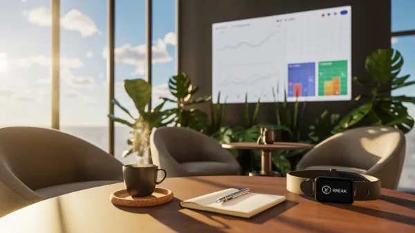 Sunlit office desk with laptop showing break-tracking charts.