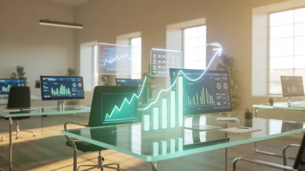 A modern office space with several desks featuring computers displaying graphs and data analytics.