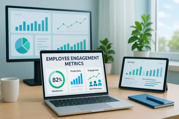 Laptop and monitors showing employee engagement metrics charts in an office.