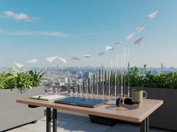 Open office with an upward graph, symbolizing employee freedom and productivity.