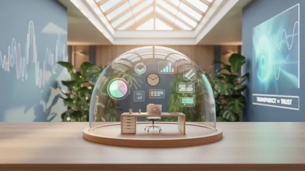 Glass dome over miniature office showing icons and sign, symbolizing employee monitoring examples.