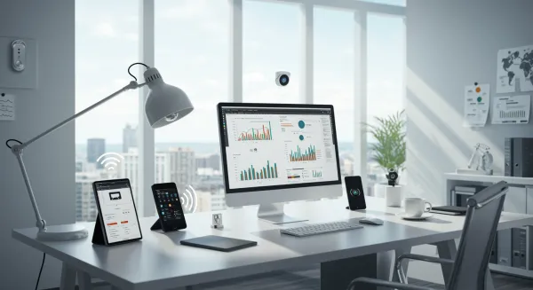 Modern office with subtle signs of surveillance, highlighting the feeling of being monitored.