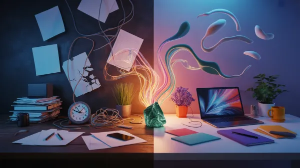 Split desk scene: left side messy and dark, right side clean and bright with digital elements