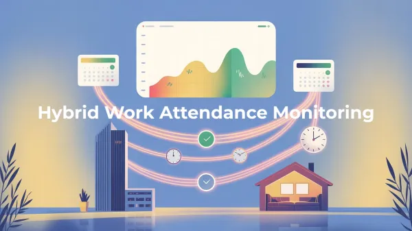 Conceptual hybrid work scene with calendars, clocks, and dashboards linking office and home