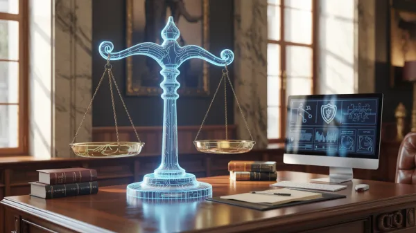 Digital scales of justice glow above a desk with a computer showing monitoring and security icons.