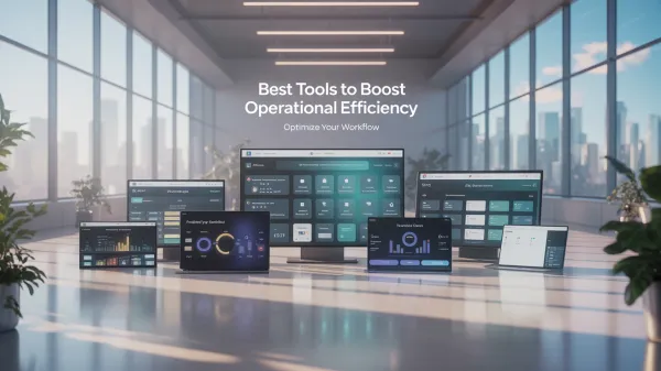 Sunlit modern office with screens showing dashboards for PM, automation, BI, HR, and finance.