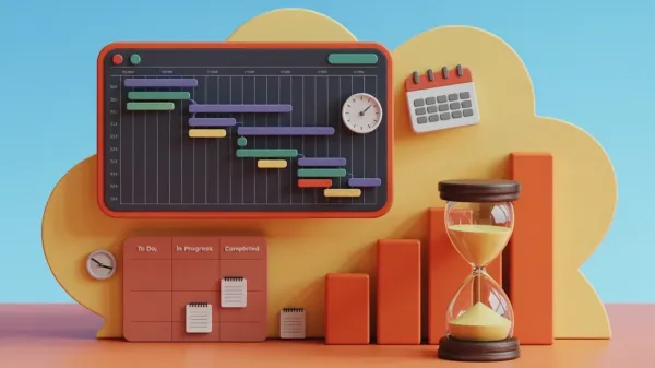 Colorful 3D scene with a Gantt chart, hourglass, calendar, bar chart, and task board