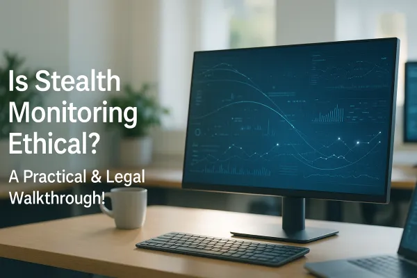 Modern office desk with monitors showing data charts symbolizing ethical IT monitoring.