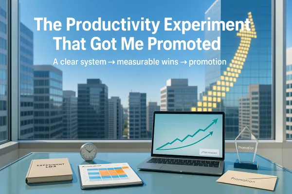 Desk with laptop, charts, and text about a productivity experiment and promotion.