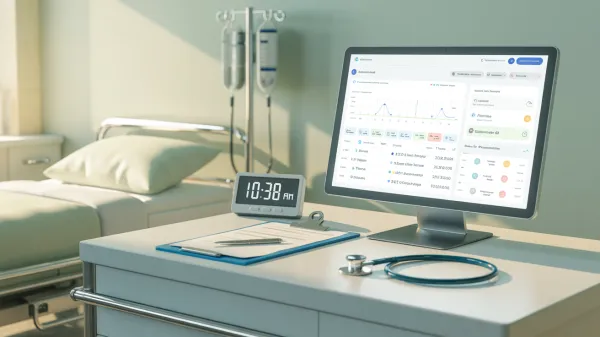 Hospital room desk with a monitor showing medical and healthcare Employee time tracking data.