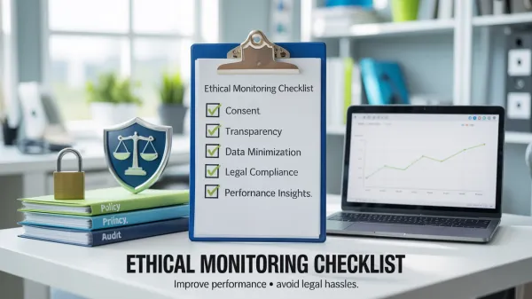 Clipboard checklist with laptop, law icon, padlock, and policy binders on desk