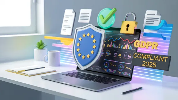 A laptop with GDPR compliance visuals, including data charts and security icons