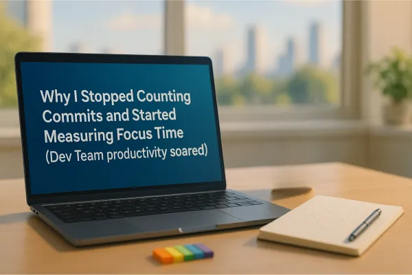 Laptop and focus timer illustrating measuring focus time over counting commits.