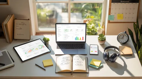 Home office desk with laptop displaying productivity dashboards and workspace essentials.