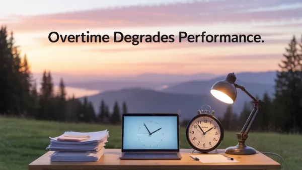  Peaceful landscape with a subtle work setup symbolizing the impact of overtime on performance.