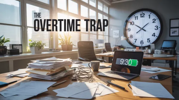 A desk with a laptop coffee cup and a bunch of files 