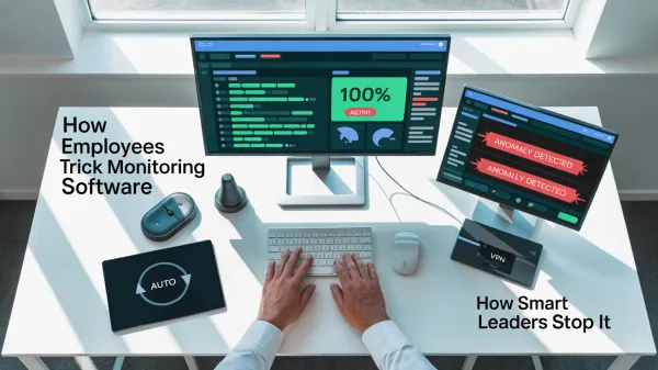 Office desk with screens showing monitoring software and anomaly alerts.