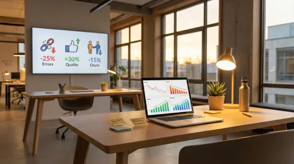 Warm office at dusk. Laptop charts show fewer errors and higher quality.