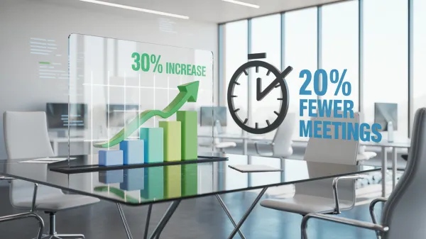 Modern office with a digital graph showing a 30% productivity boost after reducing meetings