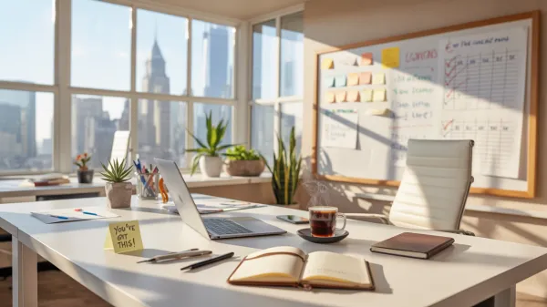 Bright, modern office with a sleek desk, motivational decor, and signs of productivity progress.