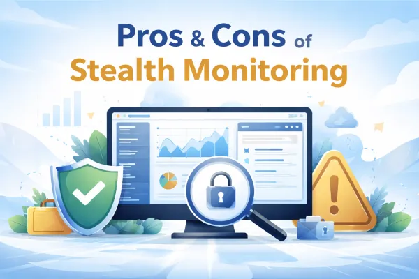 A dashboard with charts, lock, shield, and warning icons on stealth monitoring.