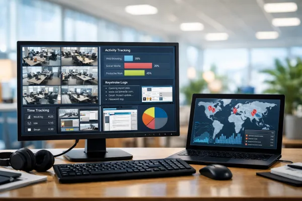 Dual monitors show employee activity tracking dashboards in a bright, modern office.