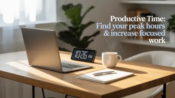 A work setup with a clock showing 10:26 AM, indicating the productive time.