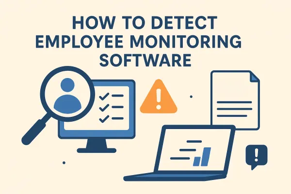 'How to Detect Employee Monitoring Software' with computer, laptop, and warning icons.