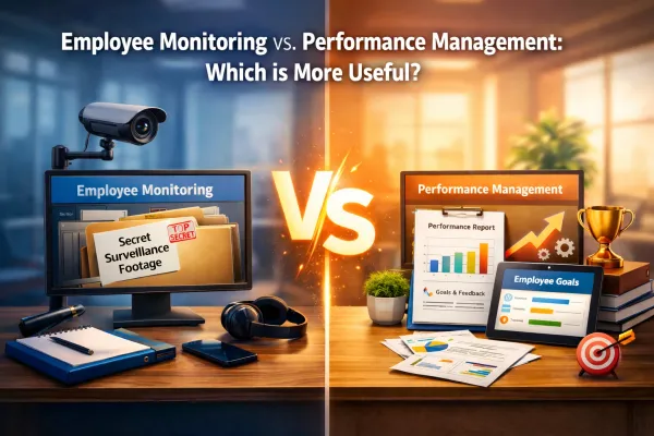 Split-screen desks show surveillance tools vs performance charts.