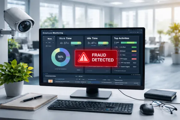 Modern office desk with a monitoring dashboard showing work/idle time and a fraud alert.