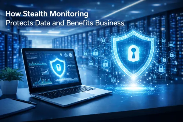 Data center with lock-and-shield hologram over a laptop, symbolizing stealth monitoring.