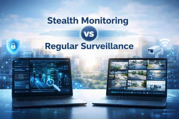 Two laptops compare stealth monitoring vs regular surveillance dashboards.