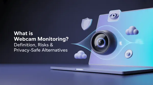 Laptop screen with cloud icons and a large floating camera indicating webcam monitoring