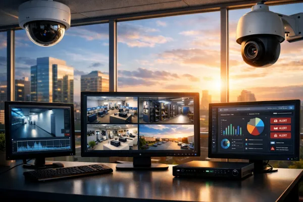 Office desk with security cameras and monitoring screens overlooking a sunny city skyline.
