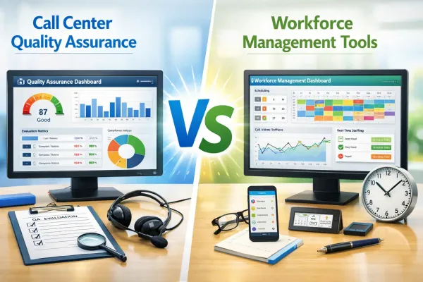 Split-screen image of call center QA and workforce management dashboards with office tools.