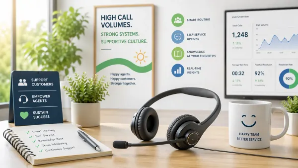 Desk with headset, plants, and analytics screen symbolizing calm high-volume call handling.