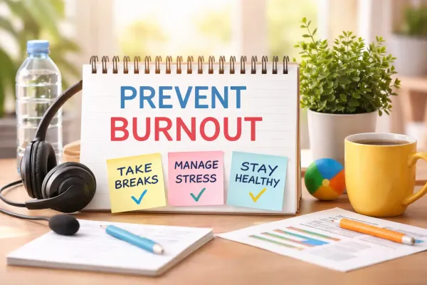 Call center desk setup with headset and wellness notes to prevent agent burnout.
