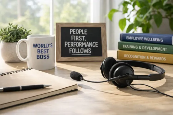 Call center desk with headset, notebook, and manager mug symbolizing low attrition.