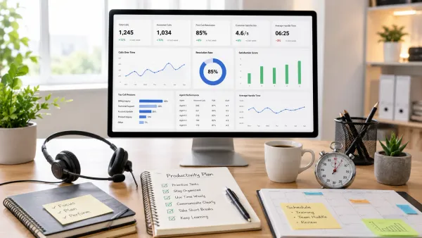 Call center productivity dashboard with headset, checklist, and scheduling tools.